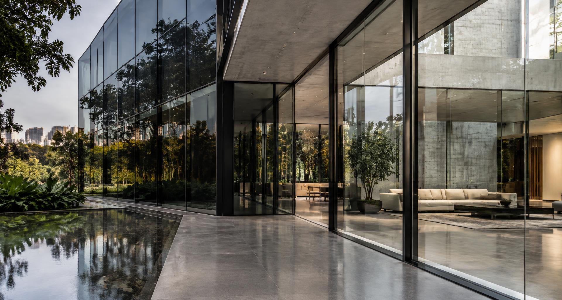 Imagem ilustrativa de arquitetura com esquadrias de alumínio e grandes painéis de vidro